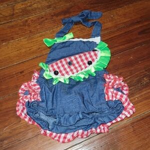 Watermelon denim romper. 6/9 month
